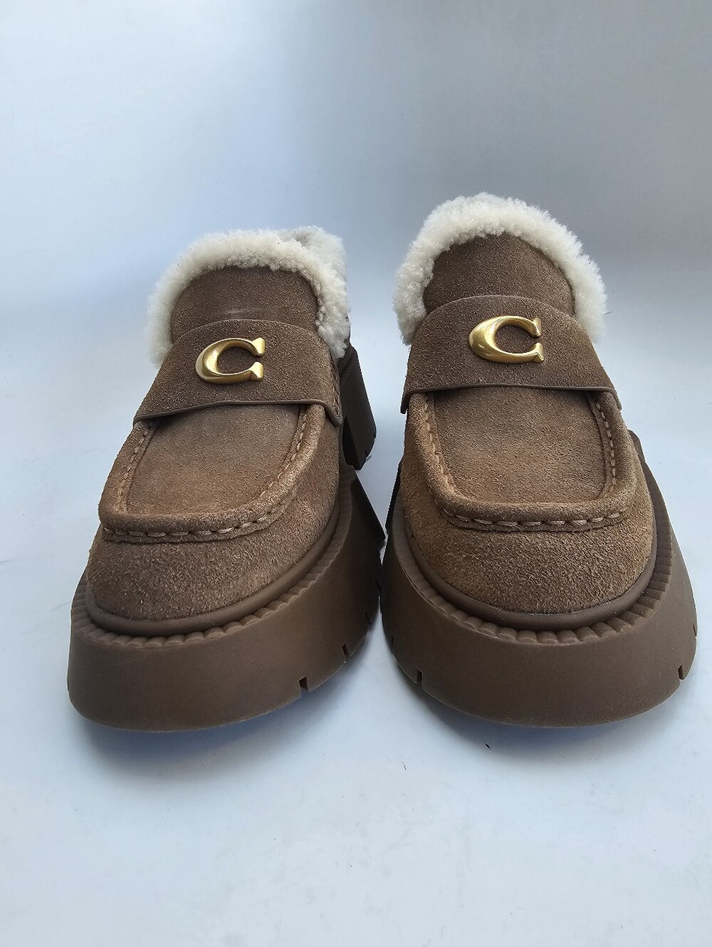 Coach Leah Platform Suede Shearling Loafers - Picture 2 of 11